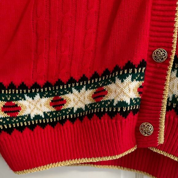 NWT Vintage Cricket Lane Christmas Sweater Cardi Med Snowflake Red Metallic Gold - Picture 4 of 6